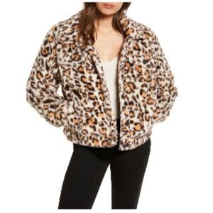 BLANKNYC Cozy Teddy Faux Fur Shearling Trucker Jacket - Leopard